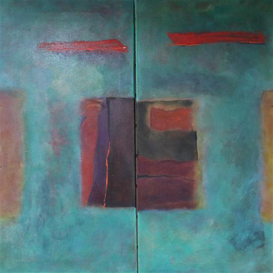 Sara Owen, June 1997, diptych pair of oils, 'Green field with red plank', 91 x 46cm each, unframed